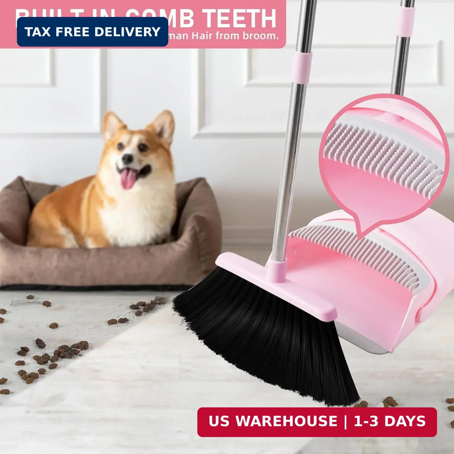 Pink Broom and Dustpan Set for Home, 52-in Long Handle Broom with Dustpan Combo