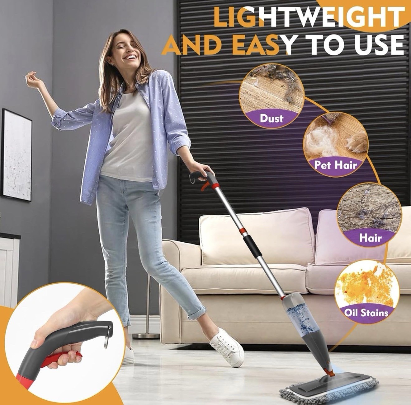 CLDREAM Spray Mop with Washable Pads, 800ml Refillable Bottle for Floor Cleaning