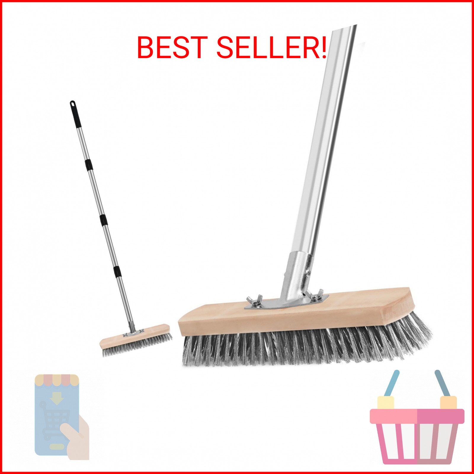 ETOUPA Stainless Steel Wire Scrub Brush with Long Handle, Heavy Duty Floor Scrub