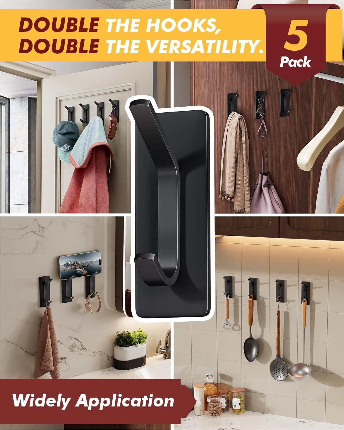 Self Adhesive Hooks 15lbs Heavy Duty, 5 Pack Stainless Steel Wall Hooks for Coat