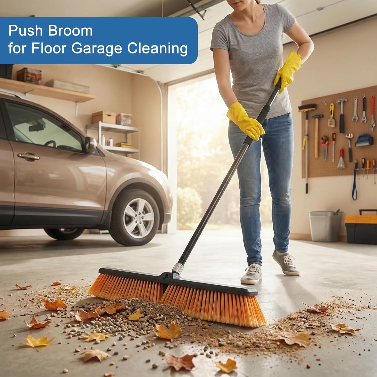 Heavy Duty 18 Inch Push Broom for Outdoor & Indoor Use, 60 Inch Long Handle for