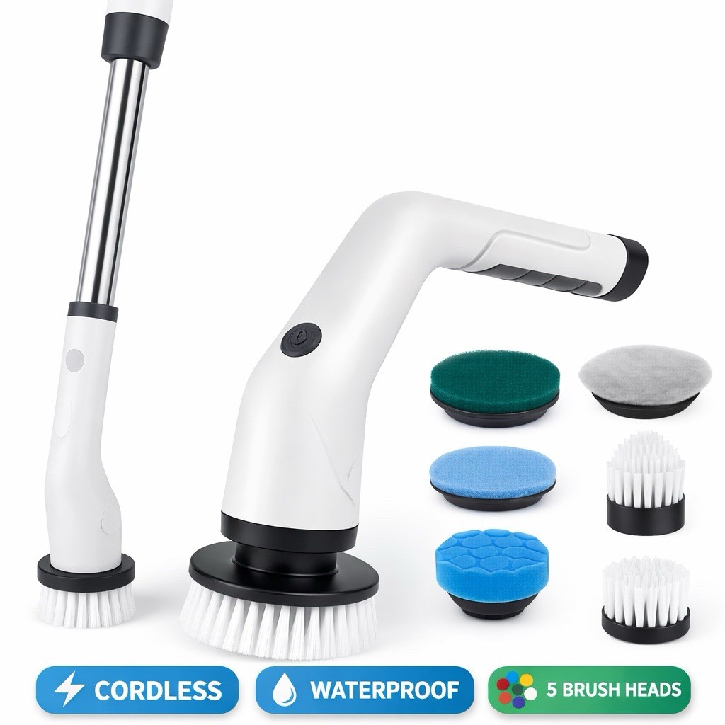 Cordless Spin Scrubber Bathroom Cleaner Brush w 8 Heads Power Electric