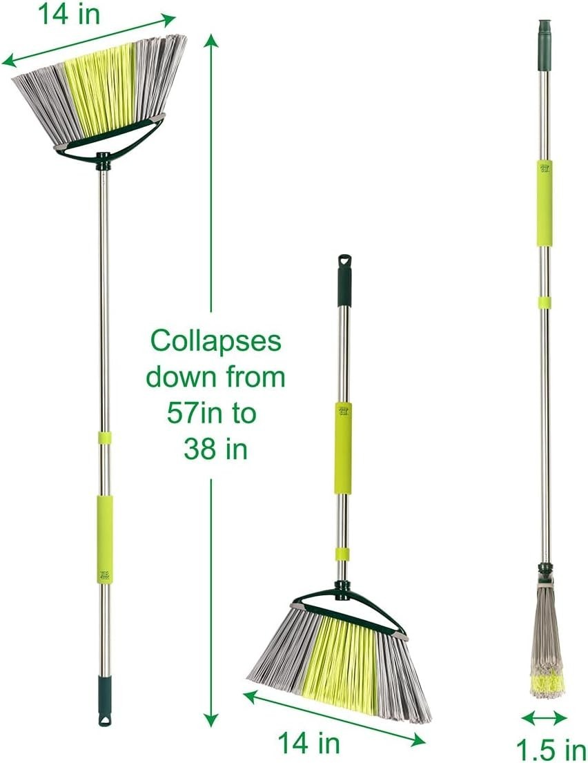 Indoor Jumbo Broom W/ Long Stainless Steel Collapsible Handle Easy Storage Heavy