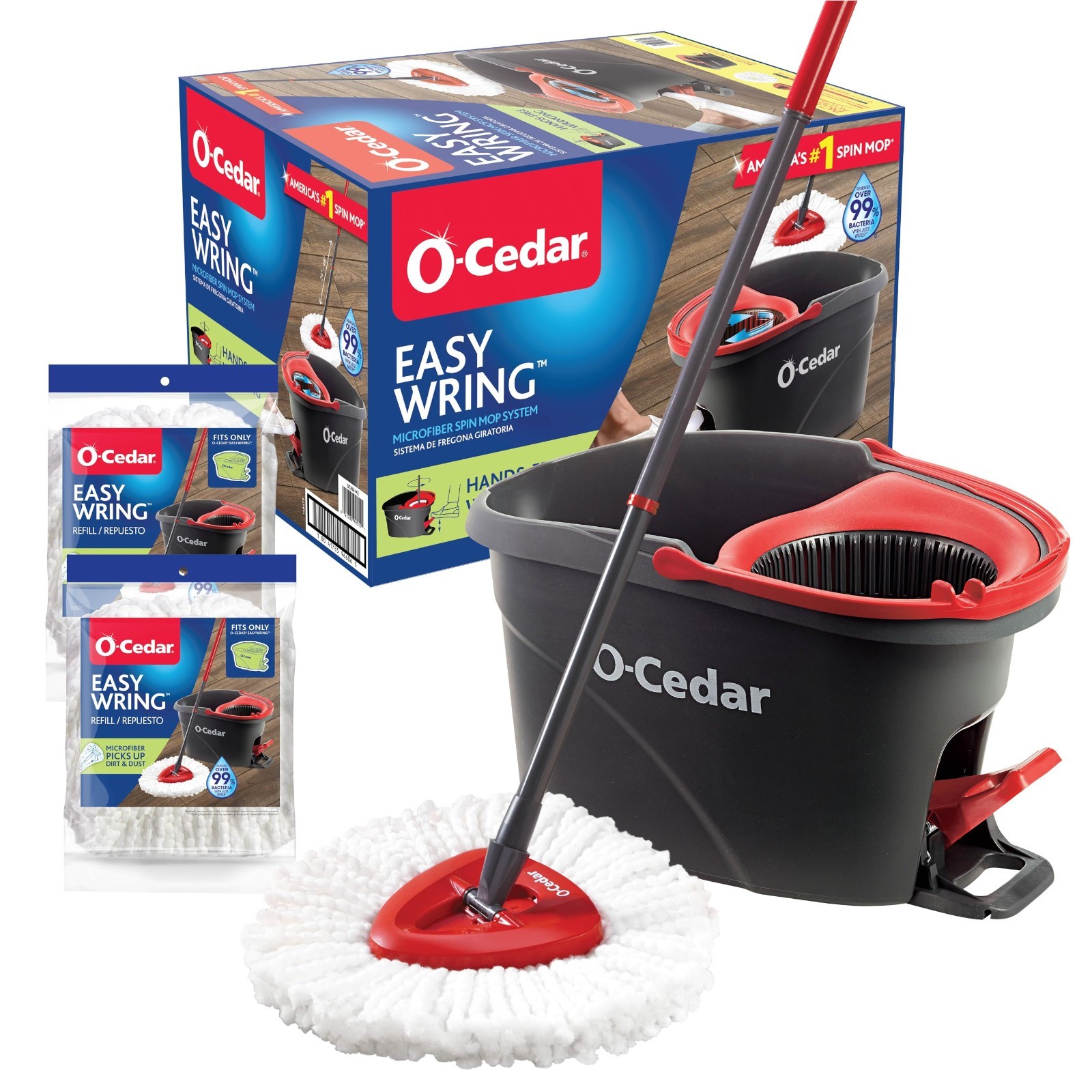 Microfiber Spin Mop & Bucket Floor Cleaning System + 2 Extra Refills, Red/Gray