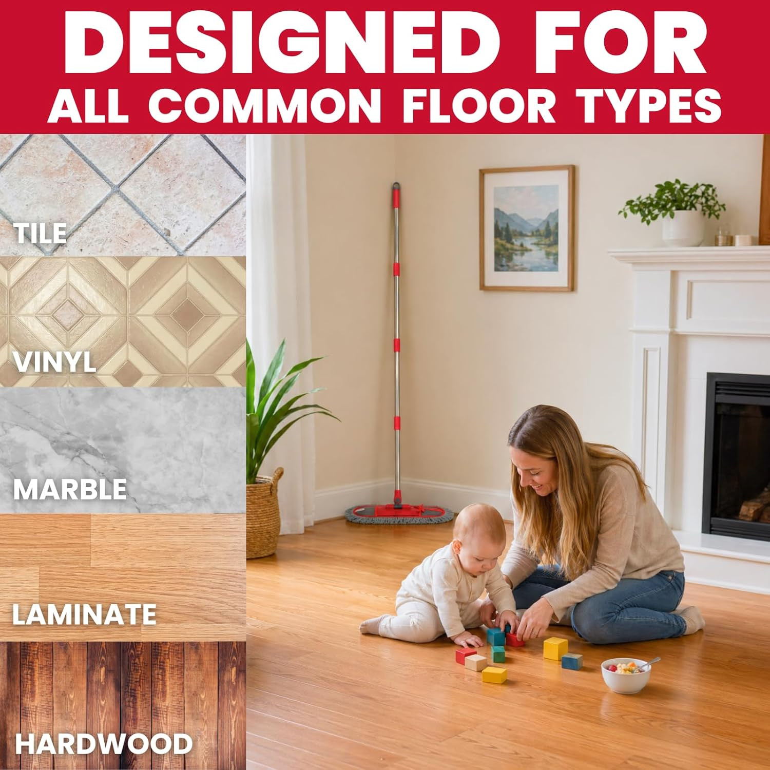 Dust Mop for Floor Cleaning with 3 Washable Pads, 14.4” × 5.1” Flat Mop Head, 62