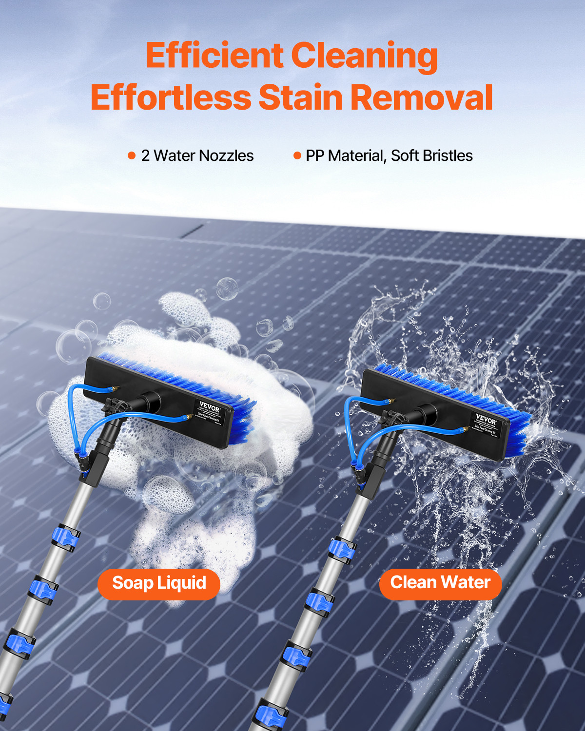 Water Fed Pole Kit 30FT Solar Panel Cleaning Pole 180° Rotatable Brush Head