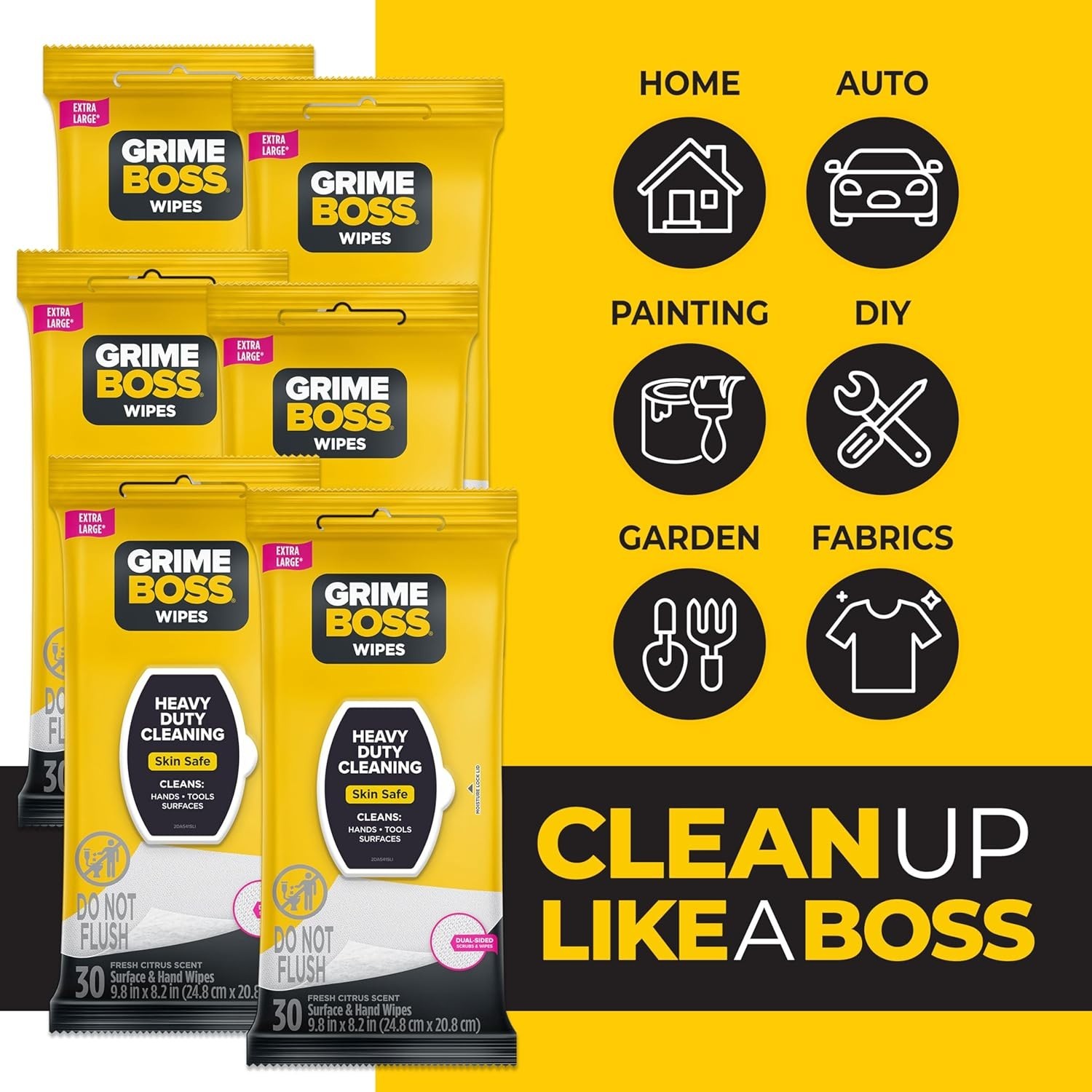 Grime Boss Heavy Duty Wipes (6 x 30ct) | Wet Used 30 Count (Pack of 6)