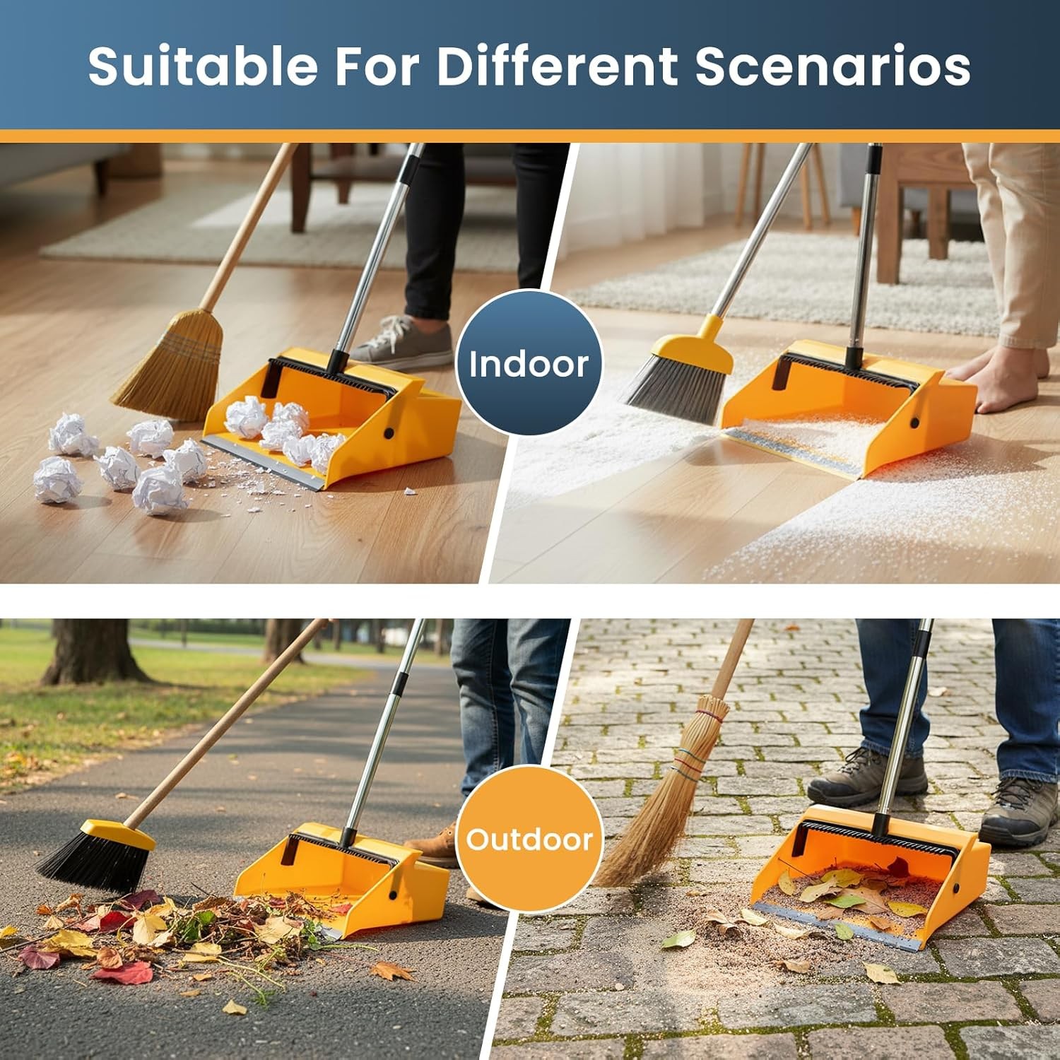 Large Commercial Dustpan With Comb Long Handle Upright Heavy Duty Outdoor Indoor