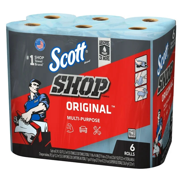 Scott Shop Towels Blue Heavy Duty Automotive Cleaning Wipes 6 Rolls 330 Sheets
