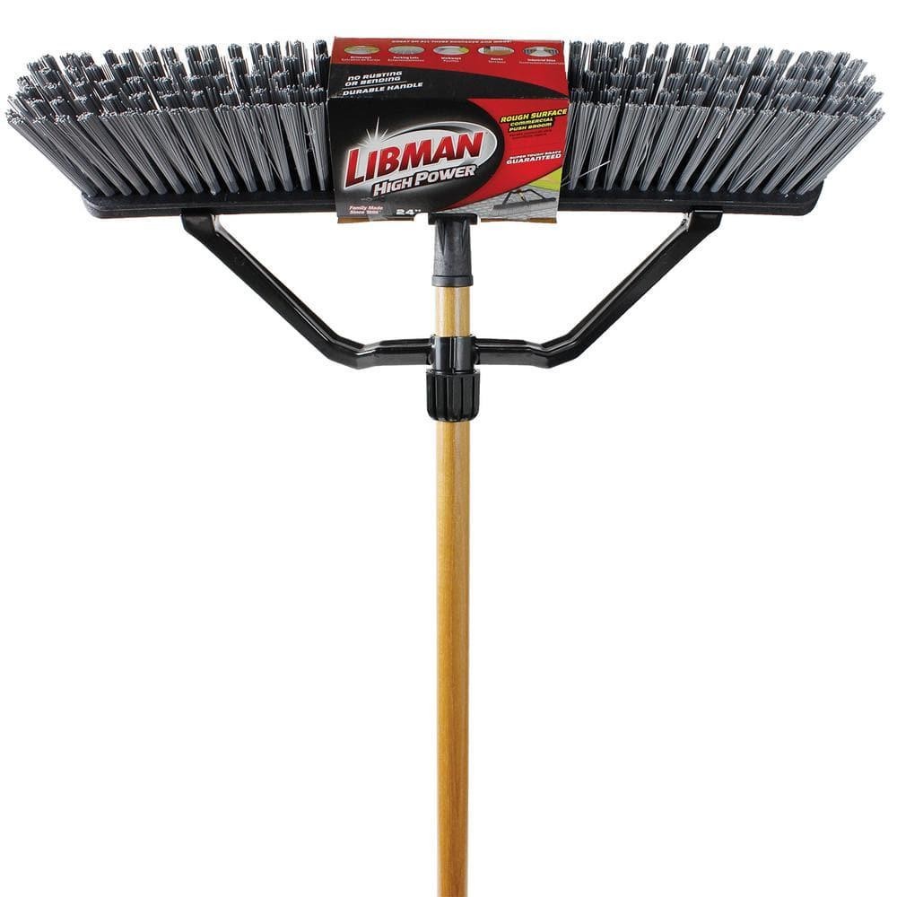 Libman Push Broom 24in Rough Surface Industrial Stiff Bristle Wood Handle 60in