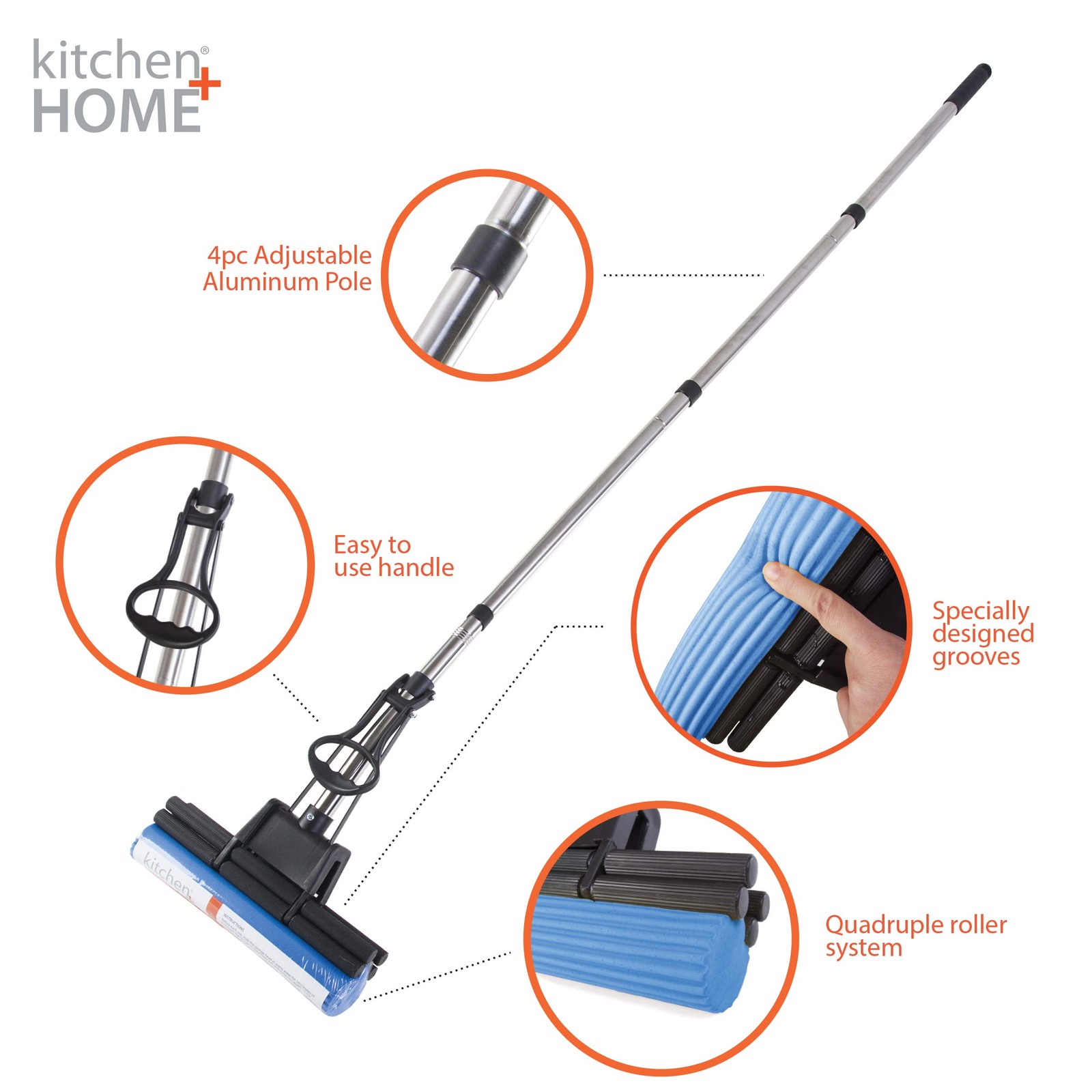 Kitchen + Home PVA Sponge Roller Mop – 11″ Quadruple Roller All Purpose Floor…