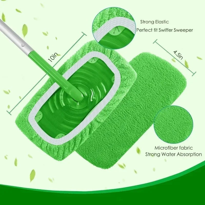 Reusable Microfiber Mop Pads Wet Dry Floor Cleaner Replacement Cloth Green