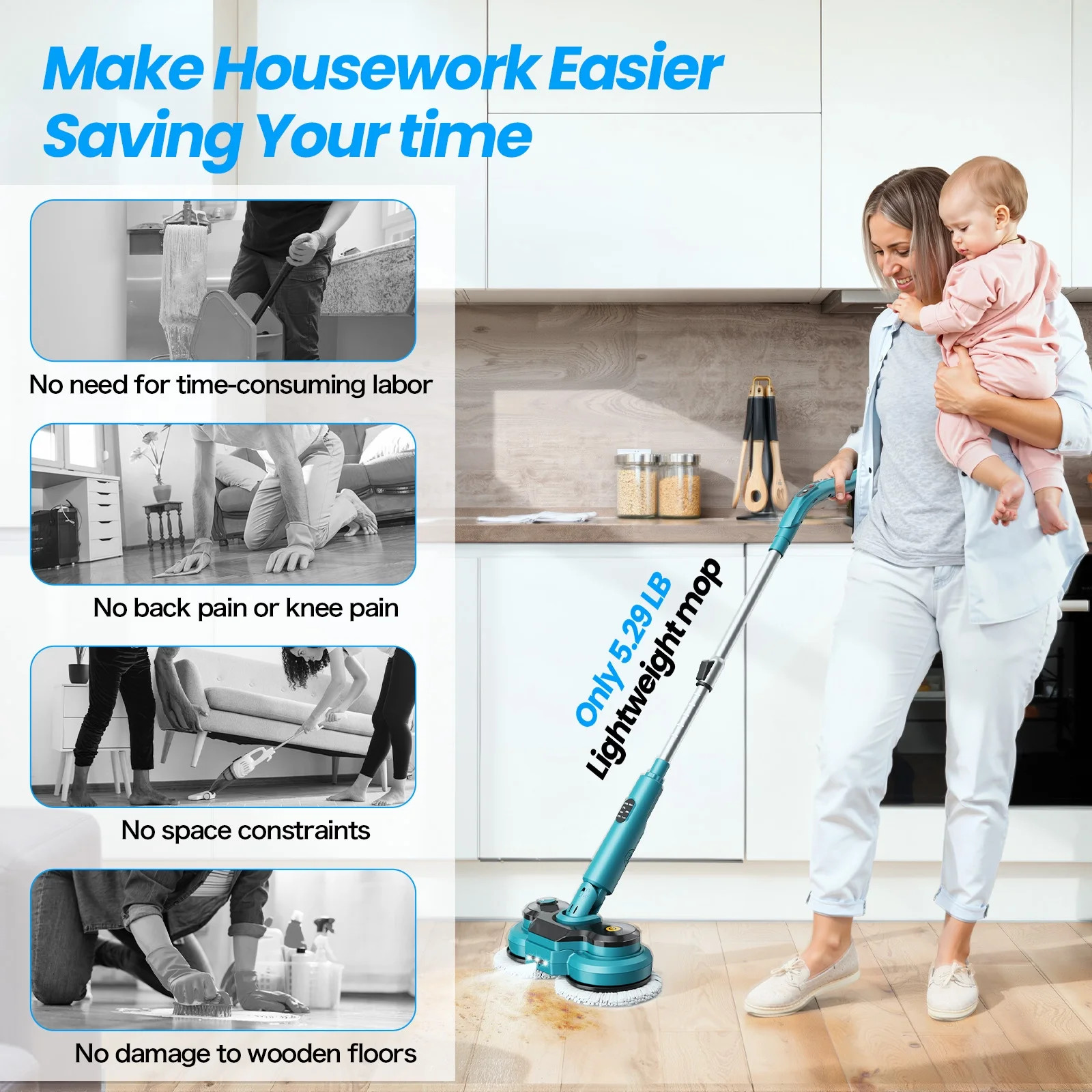 Amiluo Cordless Electric Mop, Dual-Motor Power Spin Mop for Floor Cleaning with