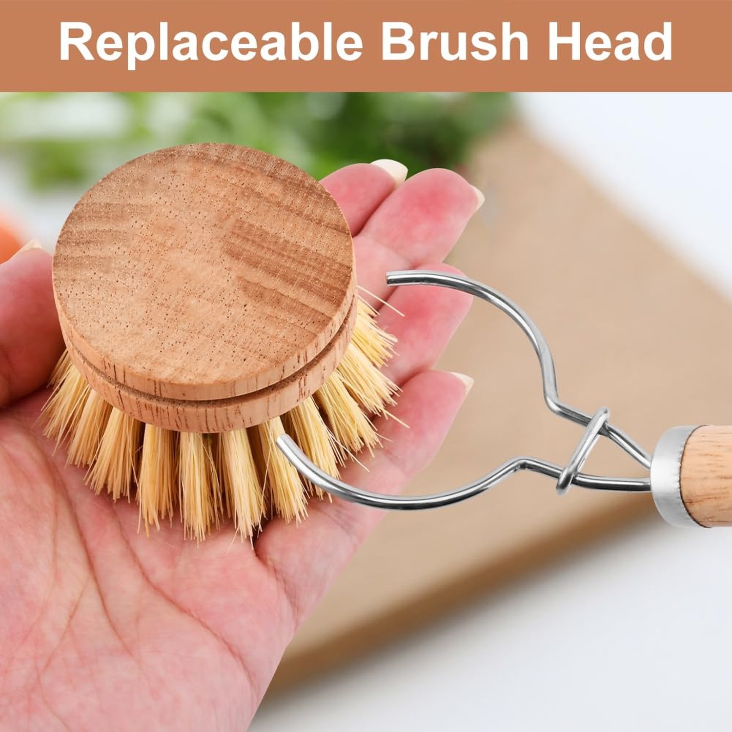 Bamboo Dish Brush with Handle, 3 Natural Bristle Heads (Horsehair, Sisal, Pal…