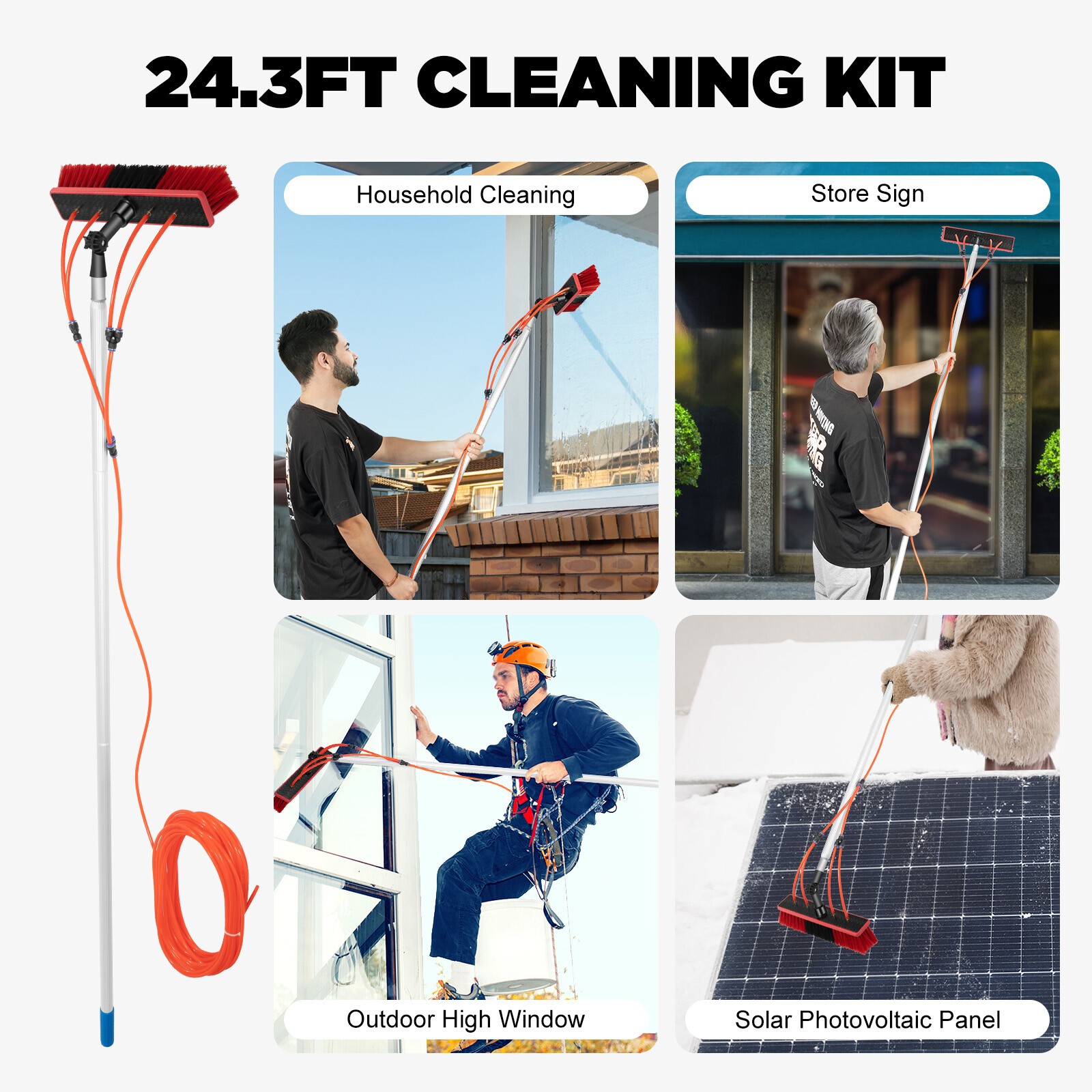 26ft Water Fed Brush For Window Solar Panel Cleaning Washing High-Altitude