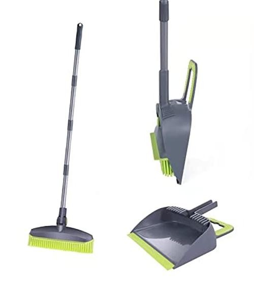 Adjustable Rubber Push Broom and Dustpan Set,Self Cleaning Indoor Outdoor