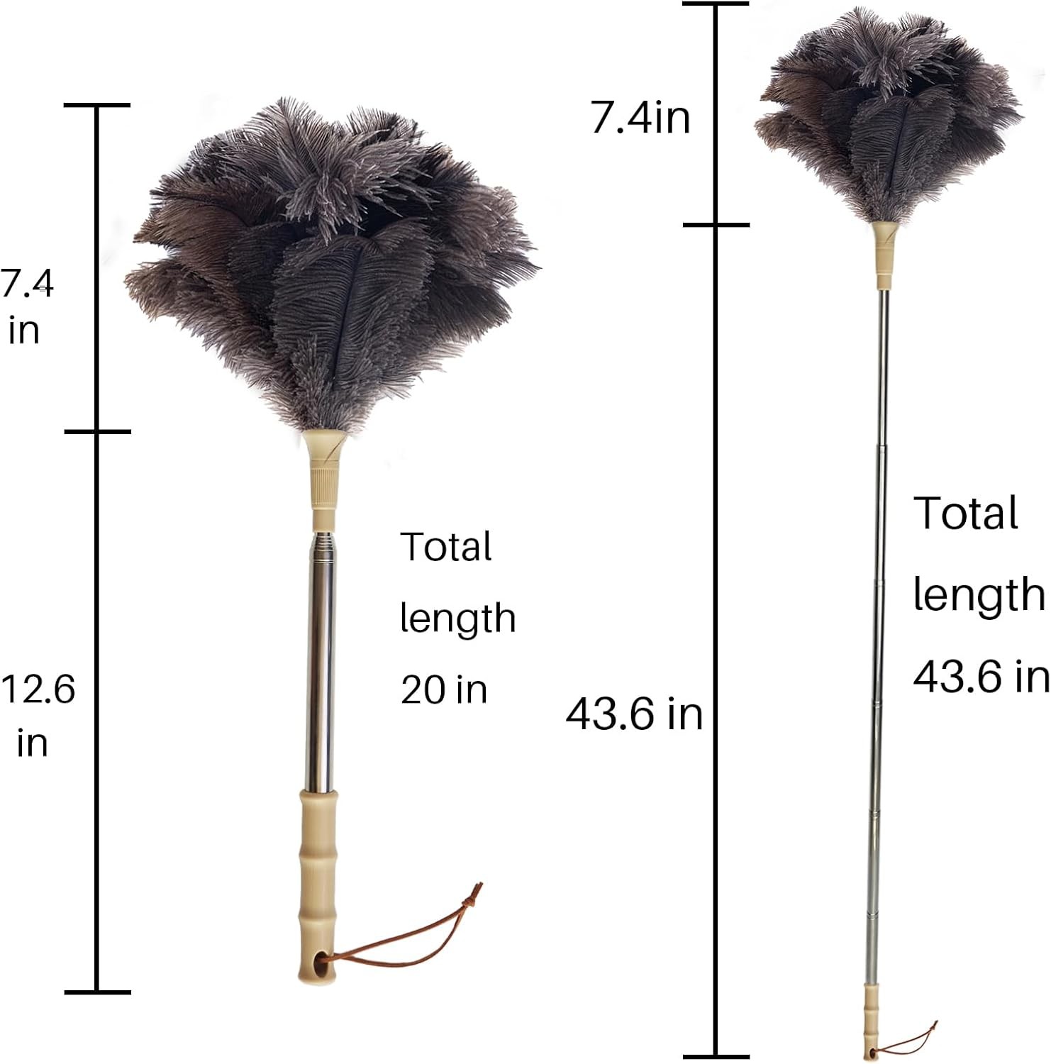 Aldwin Ostrich Feather Duster with Extension Pole Up to 43 inch, Genuine Fluffy