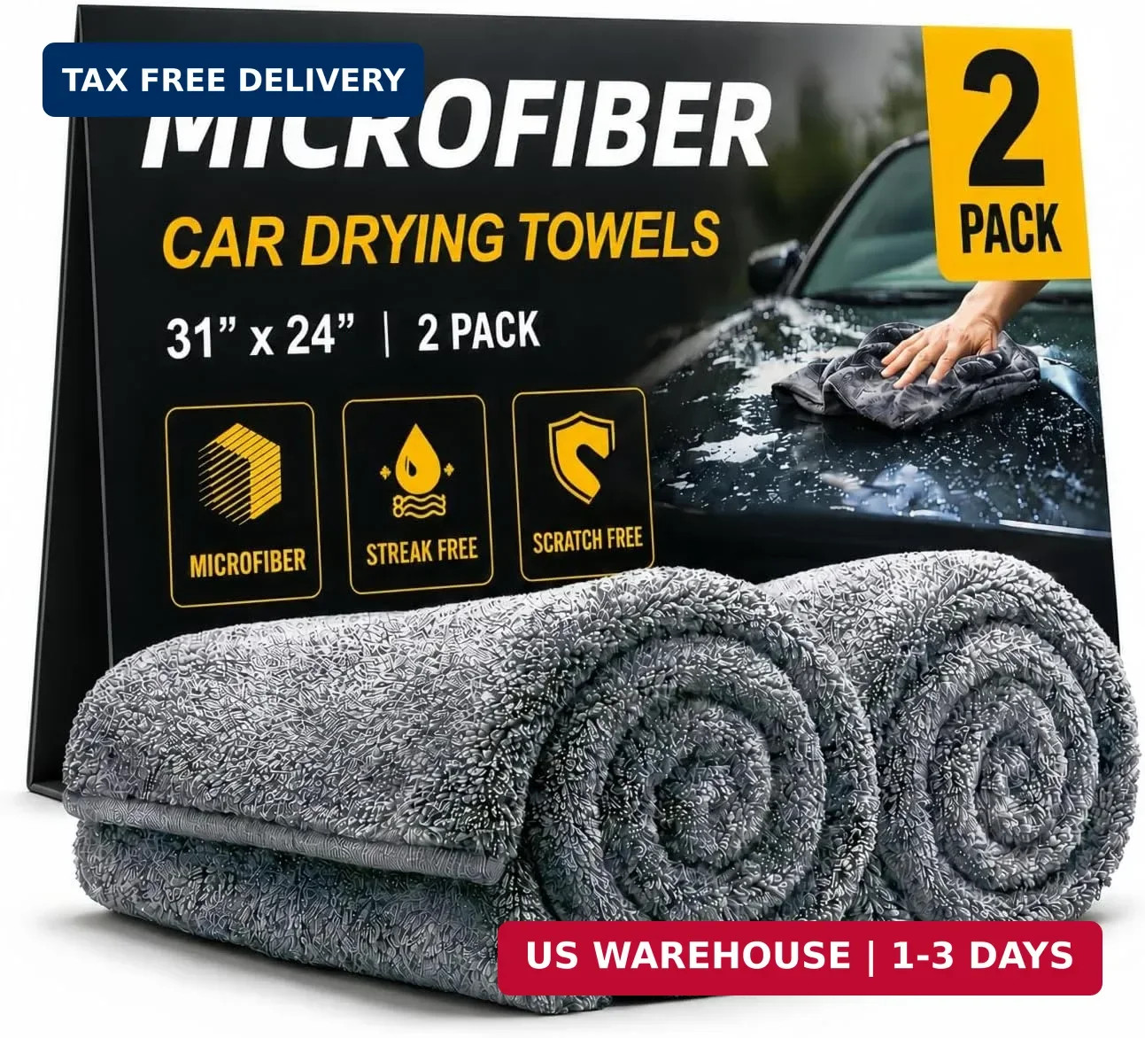 2 Pack Professional Large Microfiber Car Drying Towels (31″ x 24″), Scratch Free
