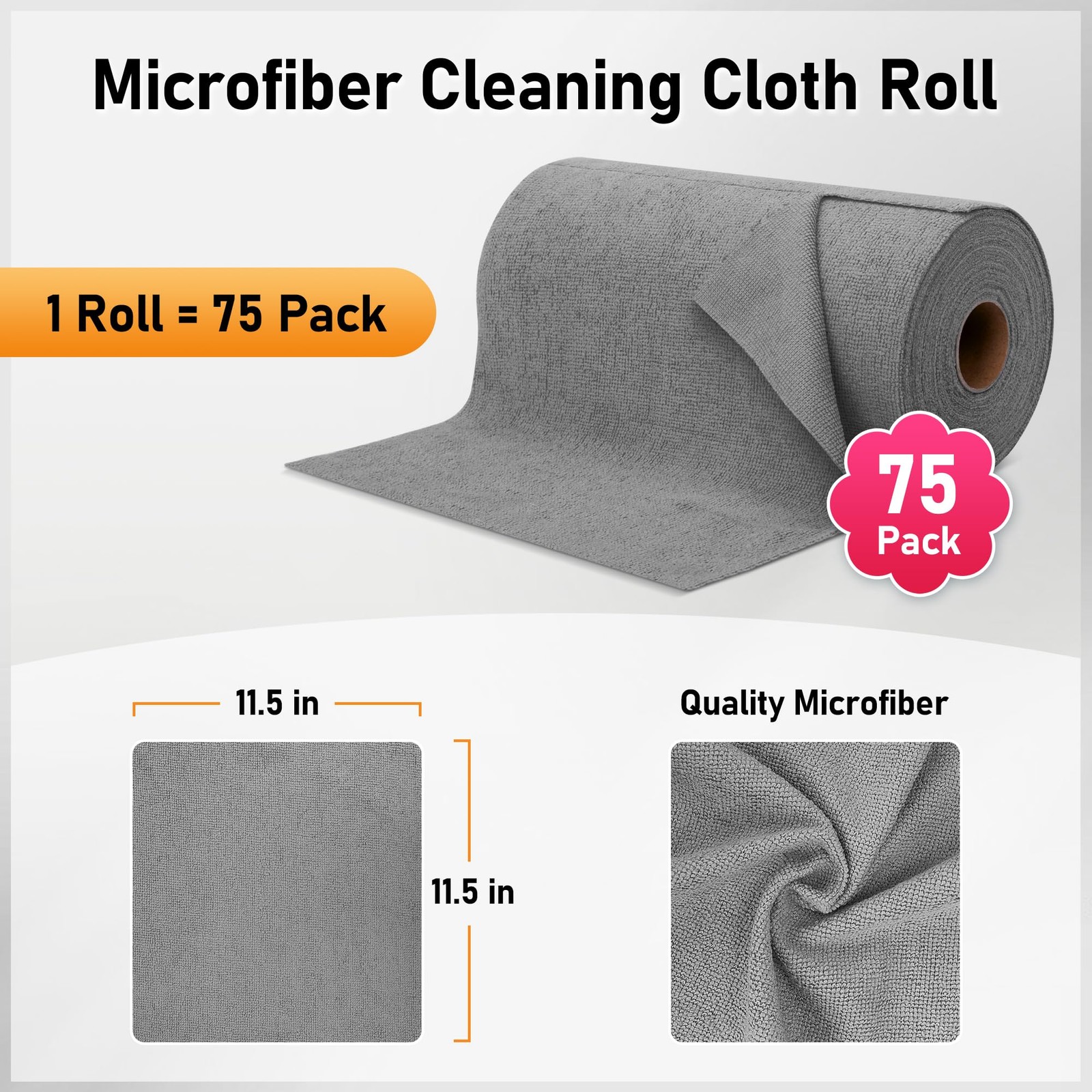 HOMERHYME Microfiber Cleaning Cloth Roll, 75 Pack Tear Away 75, Grey