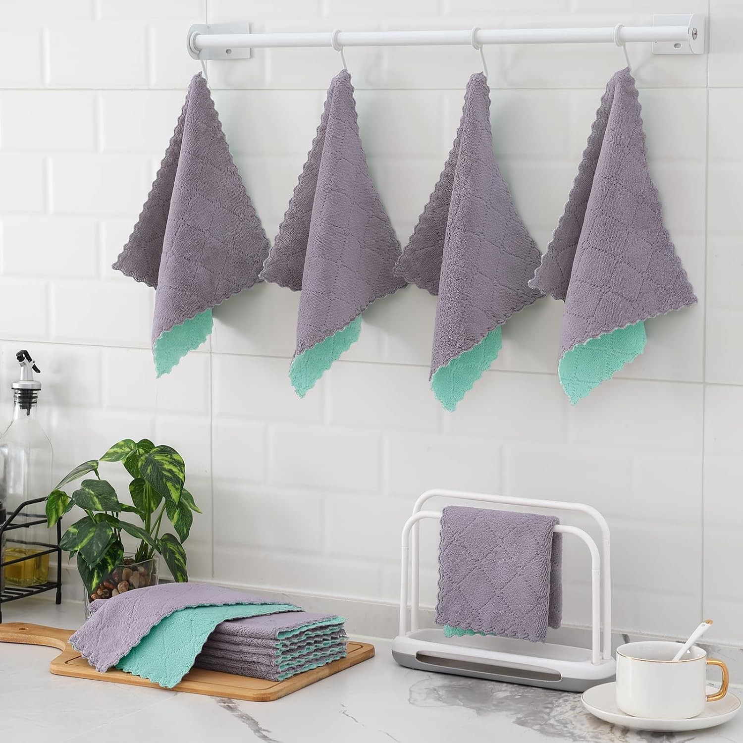 12 Pack Soft and Absorbent Kitchen Cloths, Grey & Green | Super Soft and