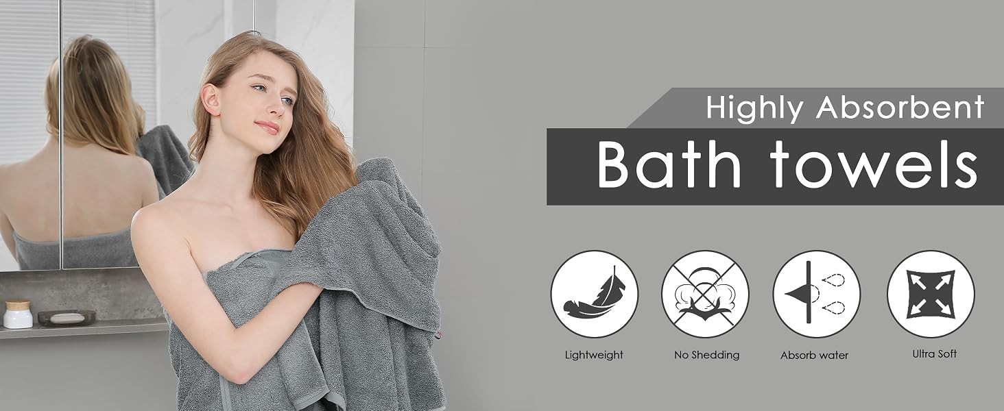Bath Towels, 27x54inch – Natural, Ultra Absorbent Towels for Bathroom, Travel,