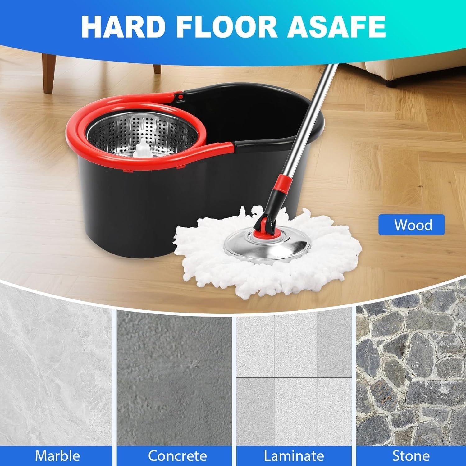 Spin Mop and Bucket with Wringer Set 360 Floor Cleaning 3 Microfiber Heads Black
