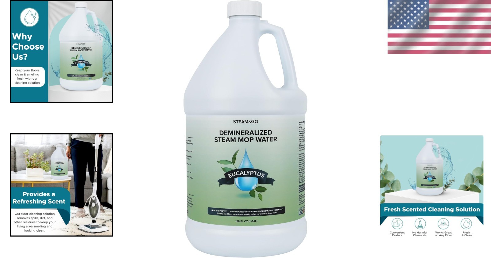 Eco-Friendly 128 oz Steam Mop Water – Eucalyptus Mint Scent, No Harsh Chemicals