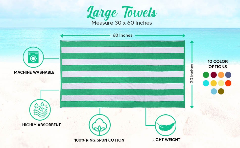Pack of 4 Cabana Beach Towels, Oversized 30 x 60 Inches Cotton Beach Towel Set,