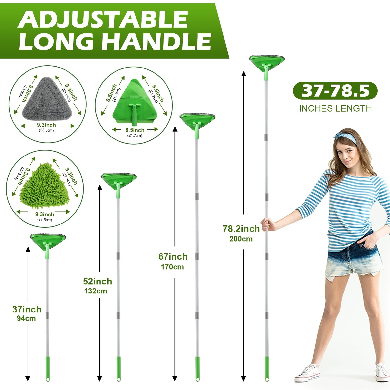 Wall Cleaner Triangle Mop with 82” Long Handle – 4 Pads, Green