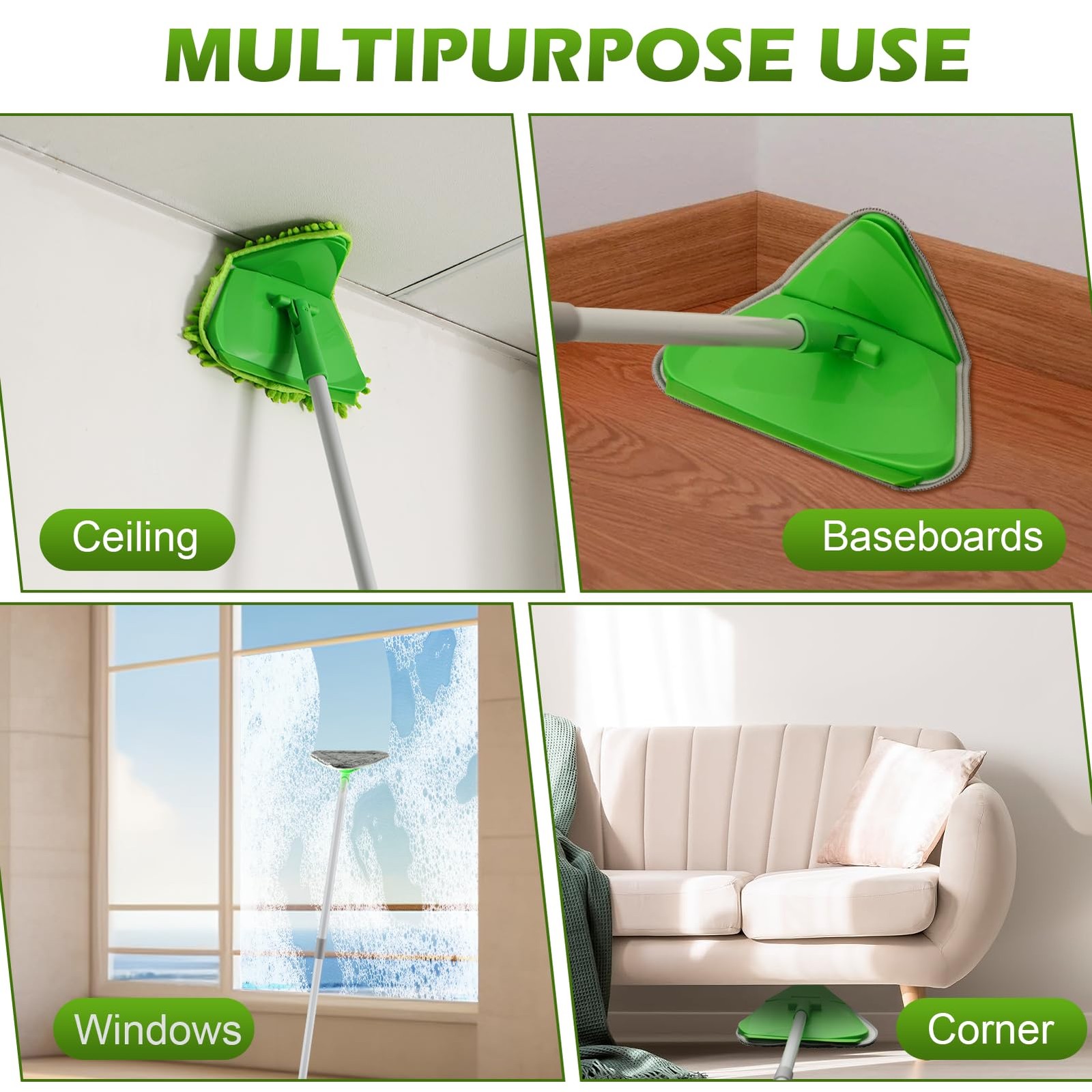 Wall Cleaner Triangle Mop with 82” Long Handle – 4 Pads, Green