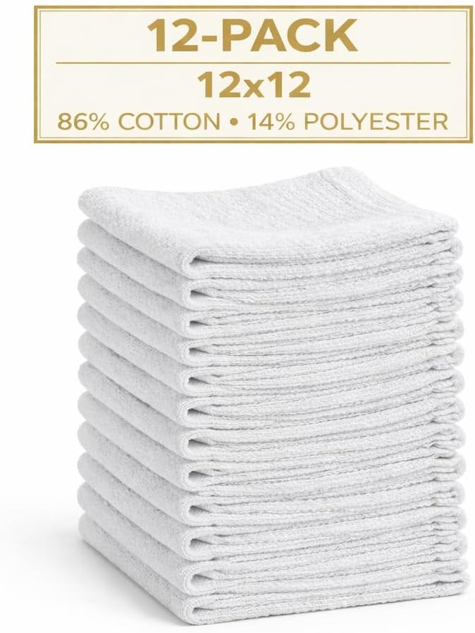 Cleaning Rags 12×12 White – Cotton Blend Reusable Scrubbing Cloths for Kitchen,