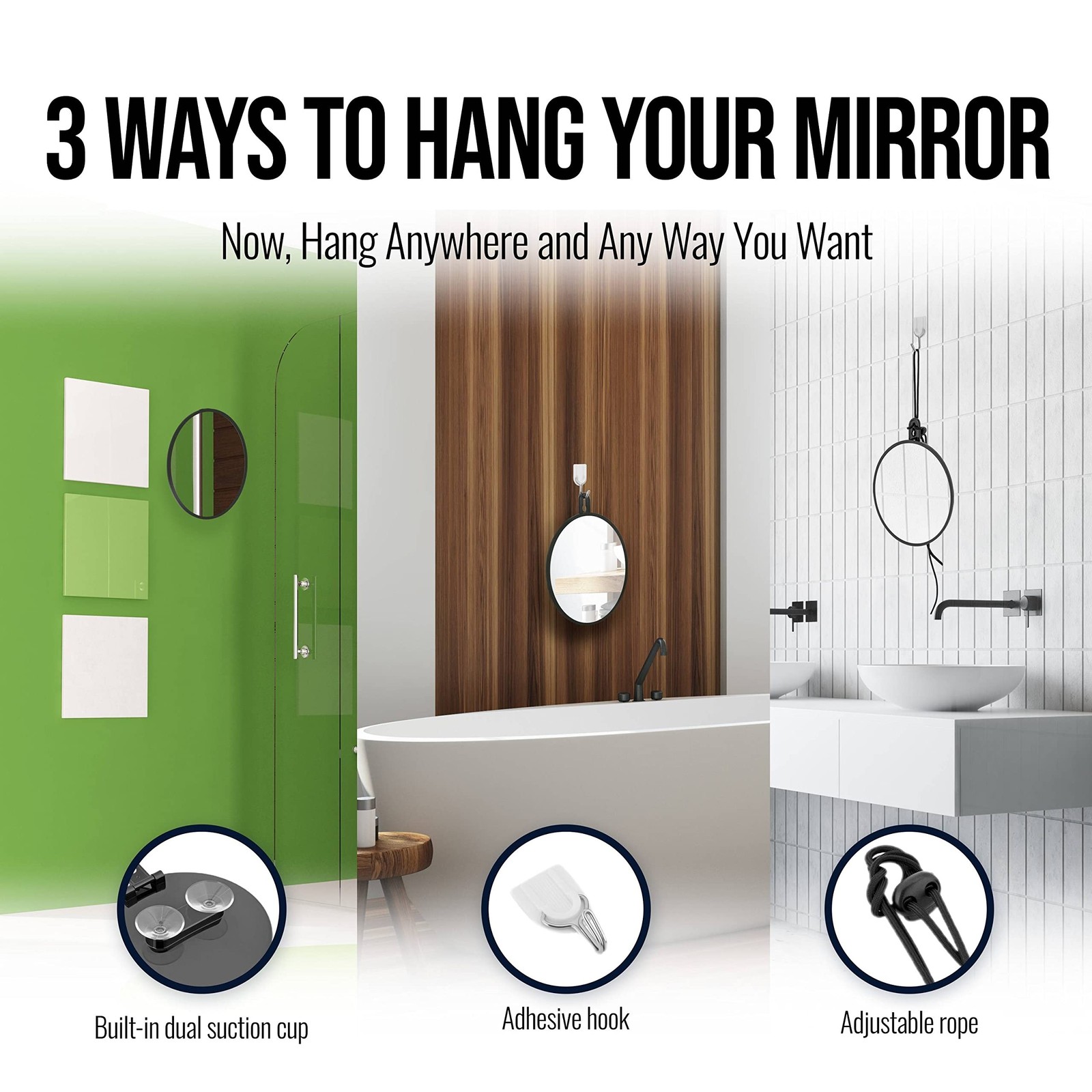 MIRRORVANA Small Shower Mirror for Shaving with 3 Attachment Options: Hook, S…