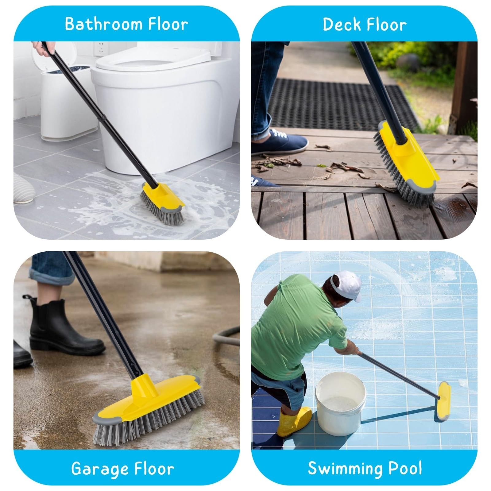 Deck Brush with Long Handle, Floor Scrub Broom for Shower, 50” Outdoor Scrubber