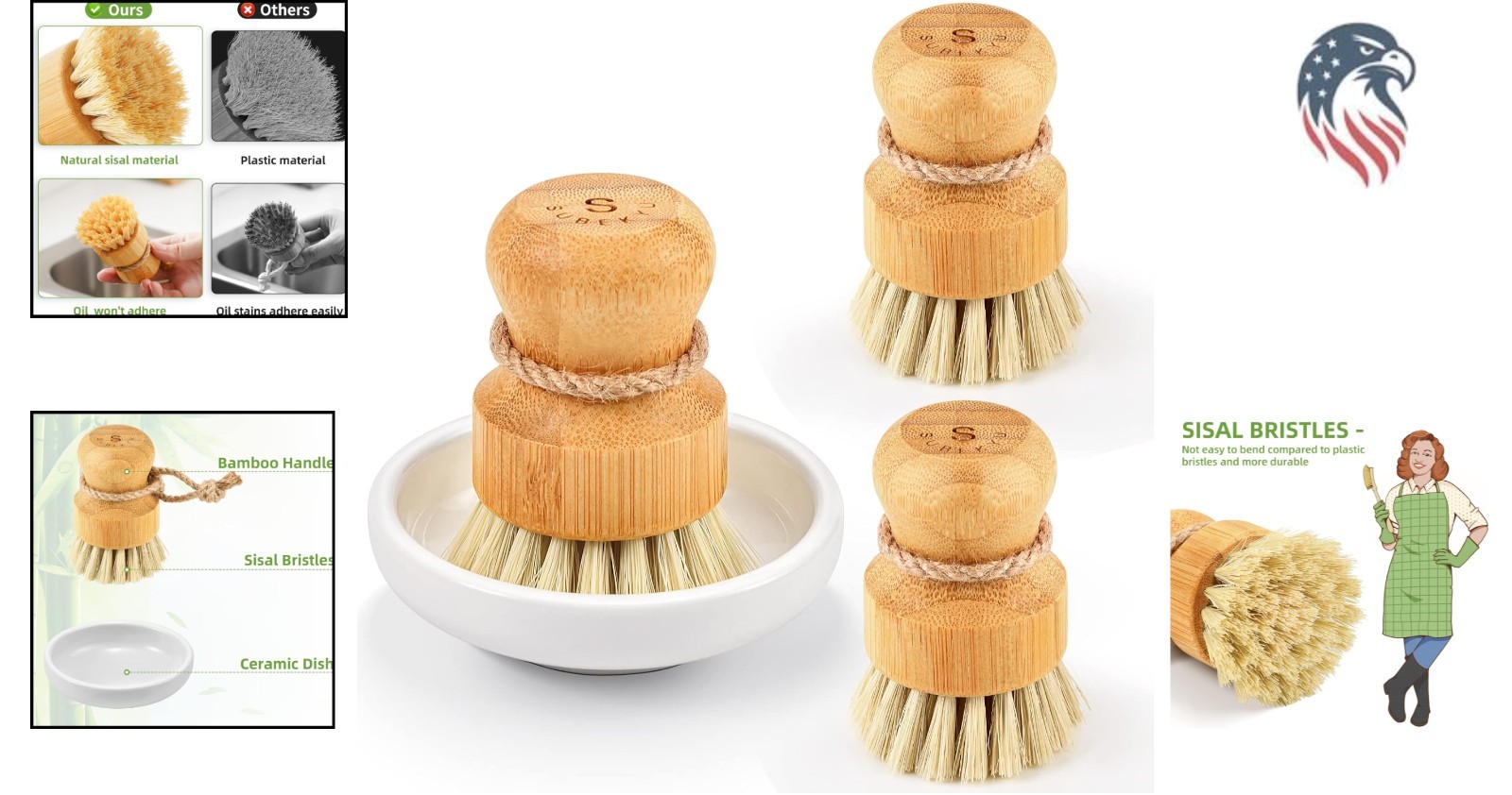 Set of 3 Bamboo Dish Scrub Brushes Natural Sisal Bristles Compatible with Cas…