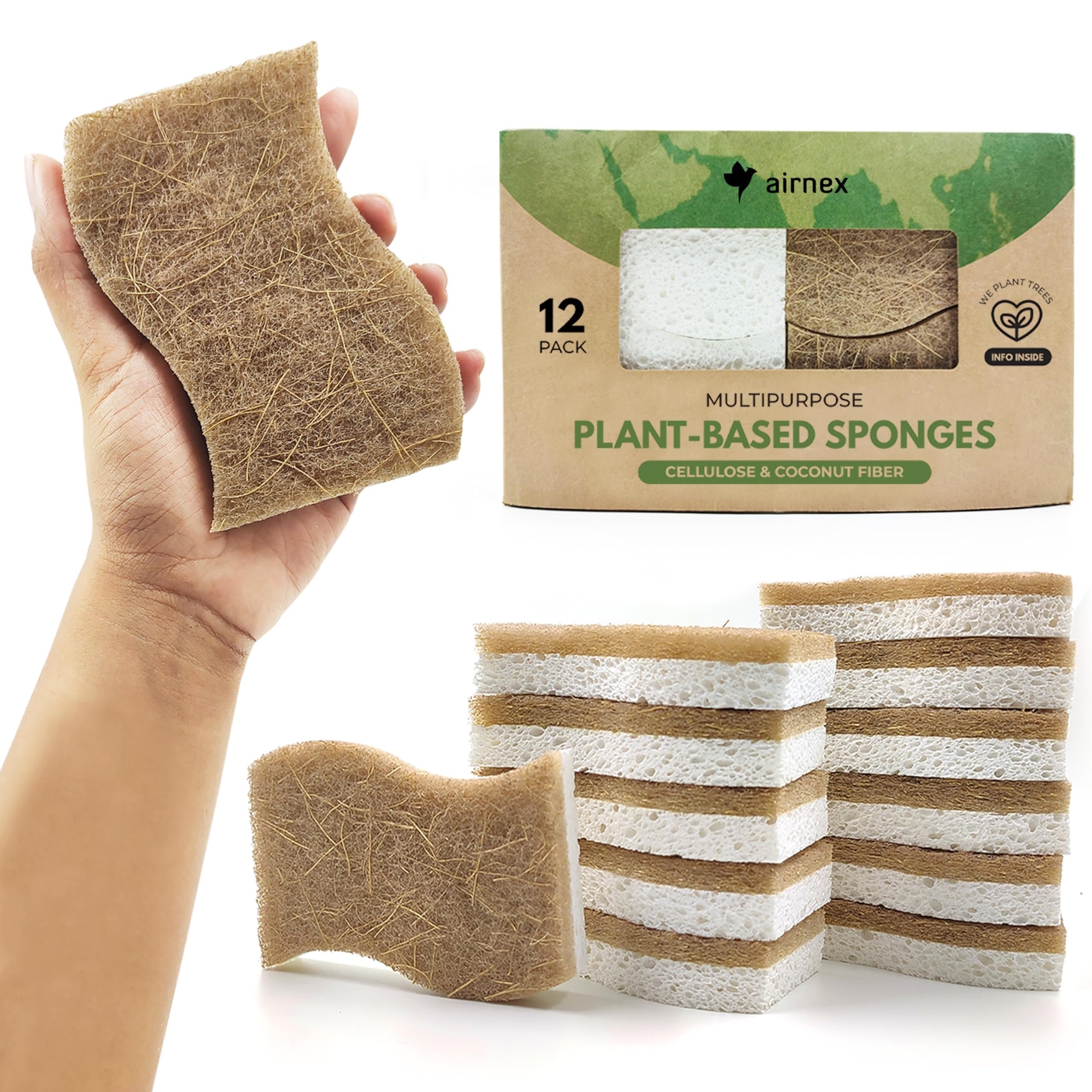 Natural Biodegradable Kitchen Sponge Compostable with Coconut Scrubber 12-Pack