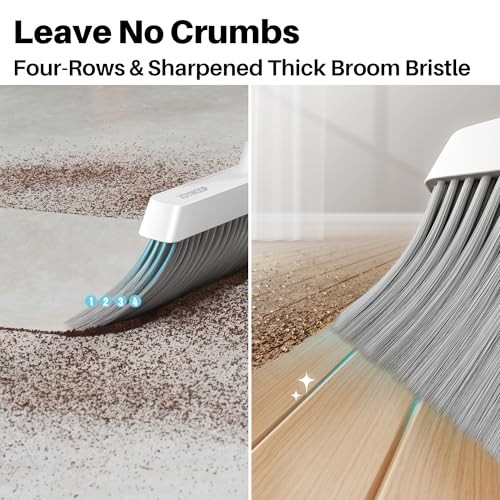 White Broom and Dustpan Set, Upright Angle Design with Built-in 1 White & Grey