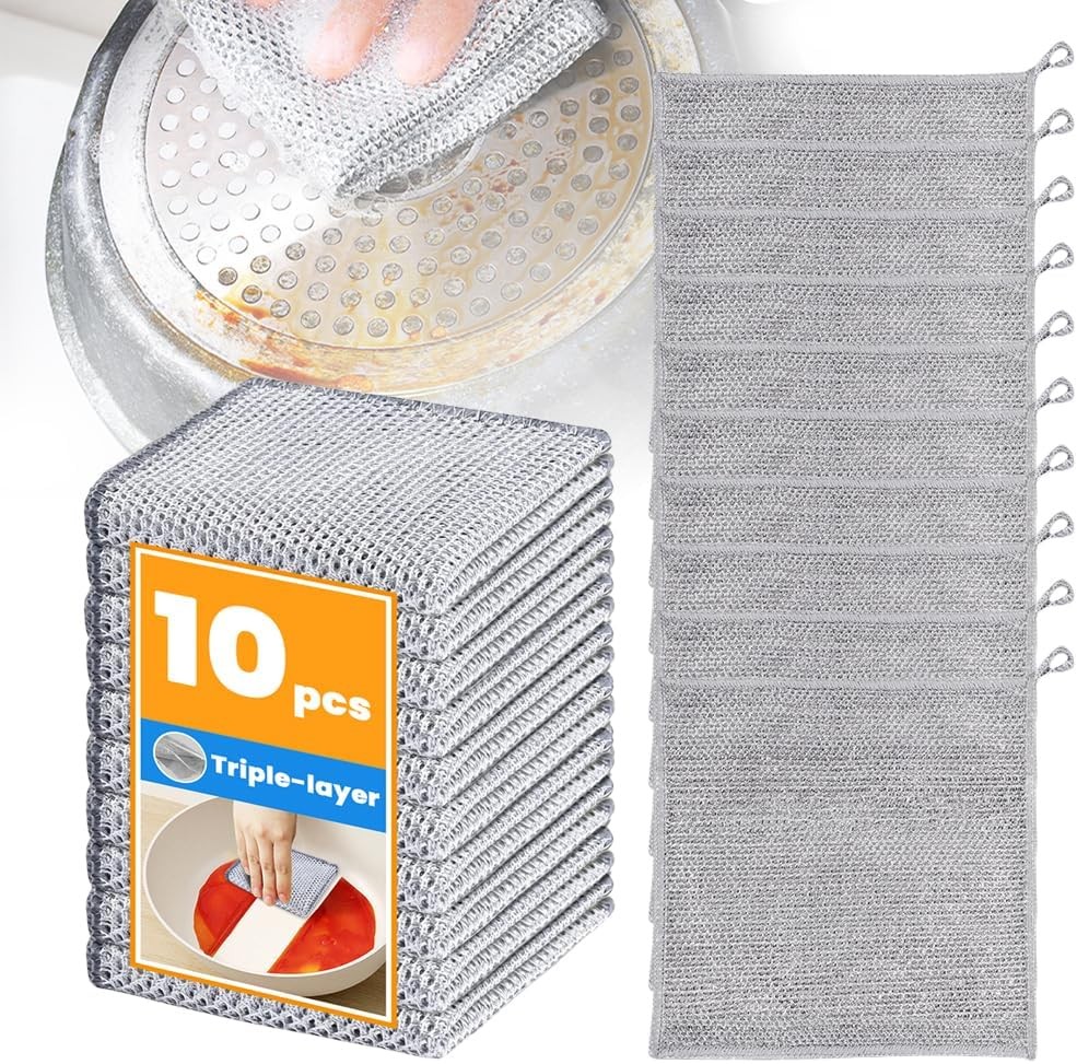 Upgraded 3-Layer Silver Thread Dish Cloths, Metal Mesh & Microfiber Kitchen