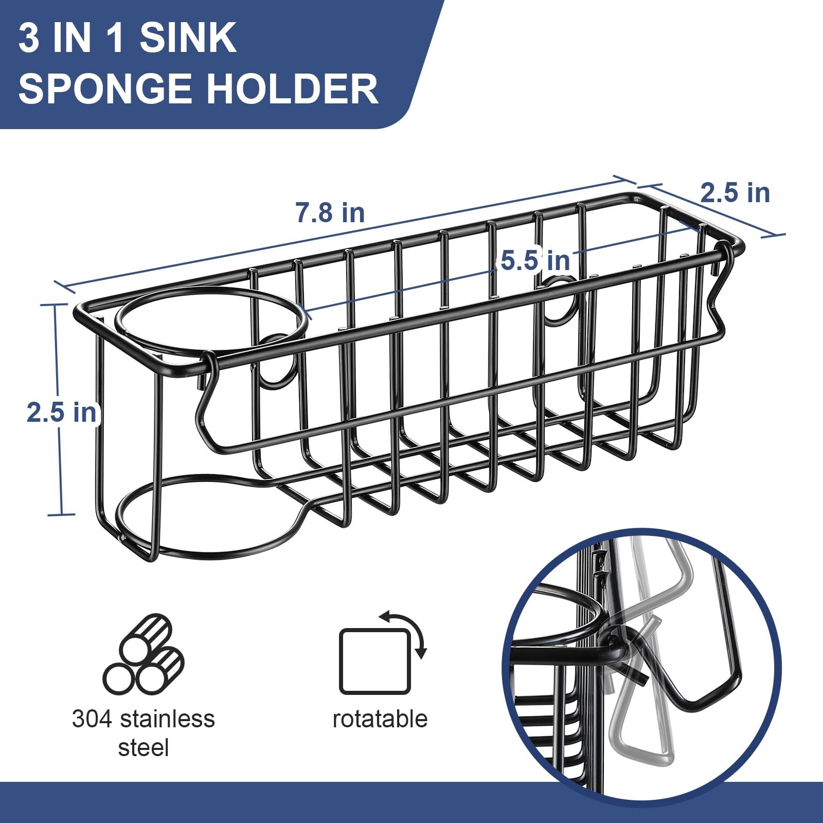 3-In-1 Sponge Holder for Kitchen Sink, 2 Type Suspension Options (Suction Cup…