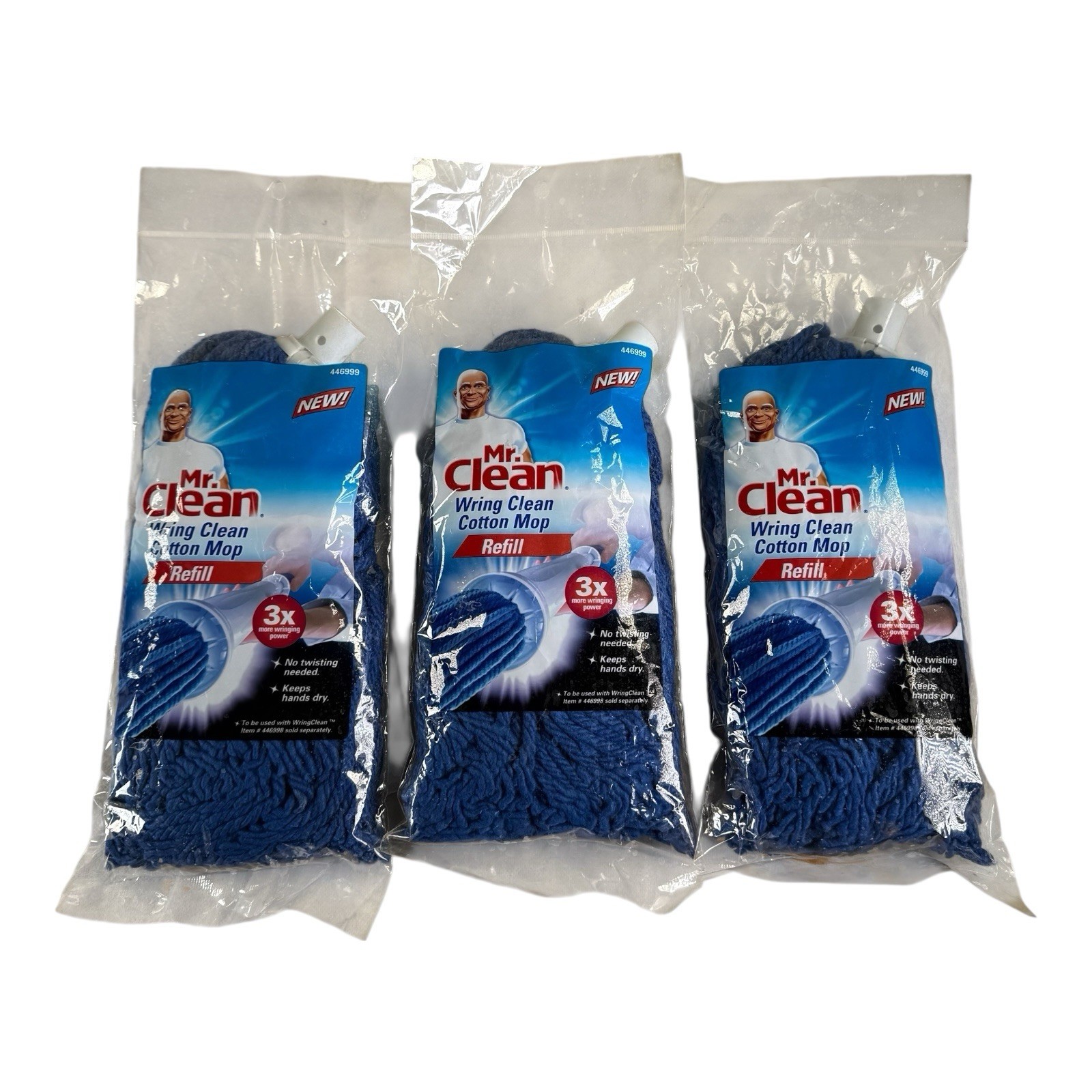 3 Mr. Clean Wring Clean Mop Head Refills Cotton Blue 446999 NEW