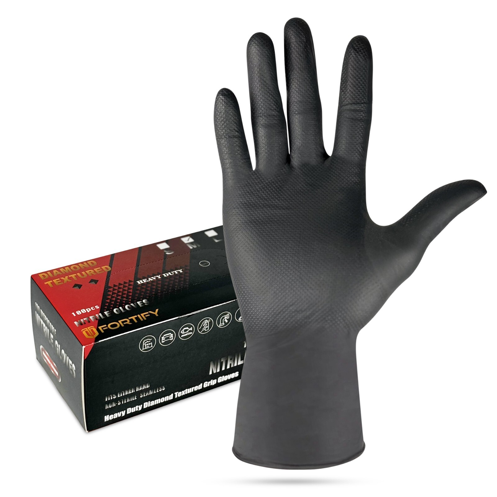 Fortify Diamond Textured Nitrile Gloves – 7mil Heavy Duty, foodsafe (L) Black