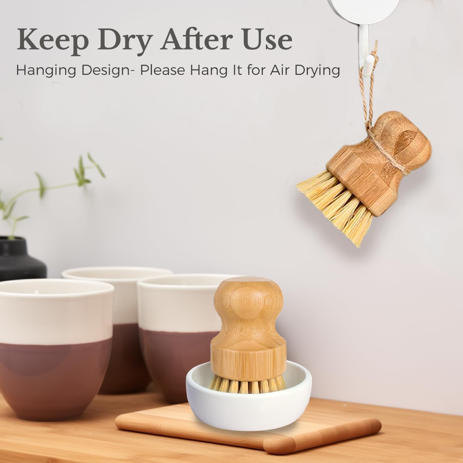 Bamboo Dish Brush, Eco Friendly Sisal Scrubber Brush with Ceramics Holder-Woo…