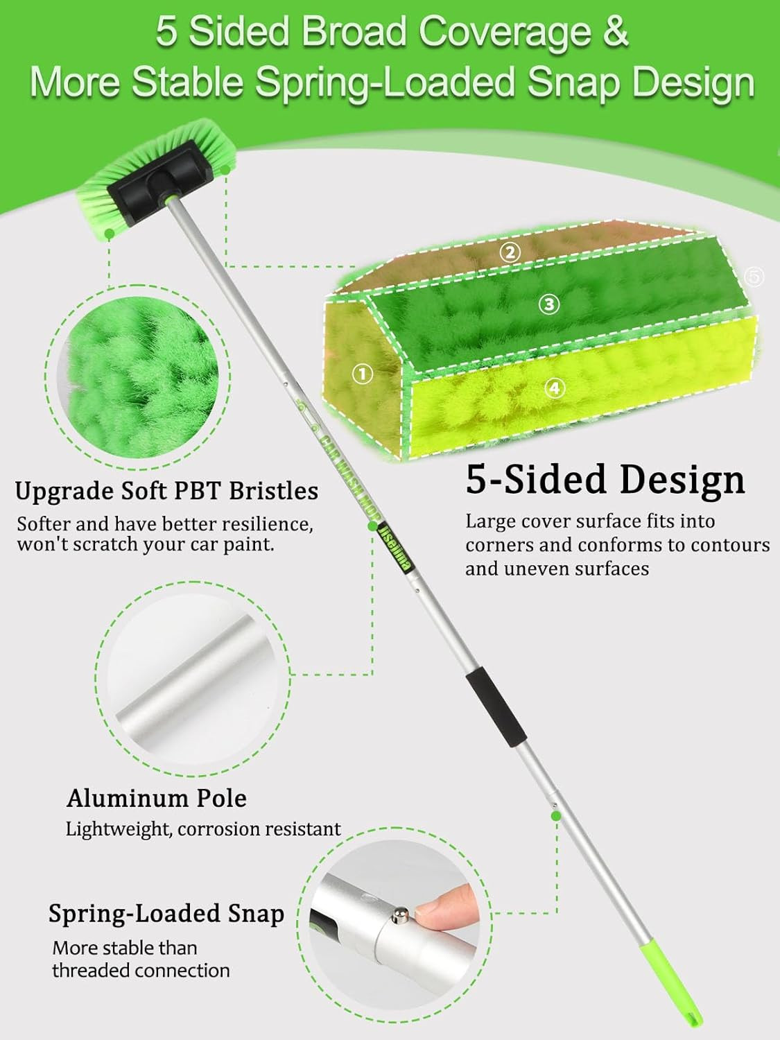5-Sided Car Wash Brush with Extendable Handle for Cars, Trucks, Boats & More