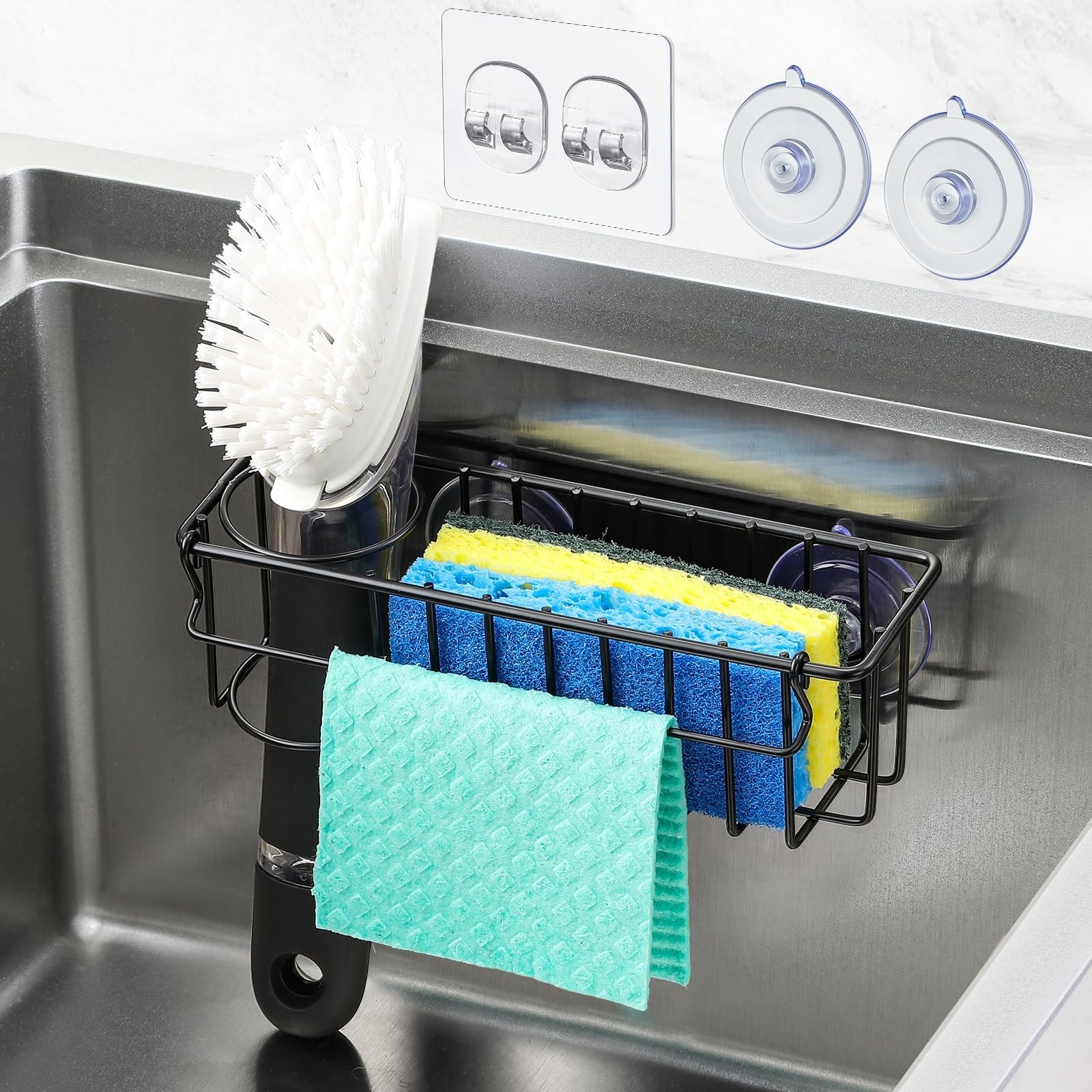 3-In-1 Sponge Holder for Kitchen Sink, 2 Type Suspension Options (Suction Cup…