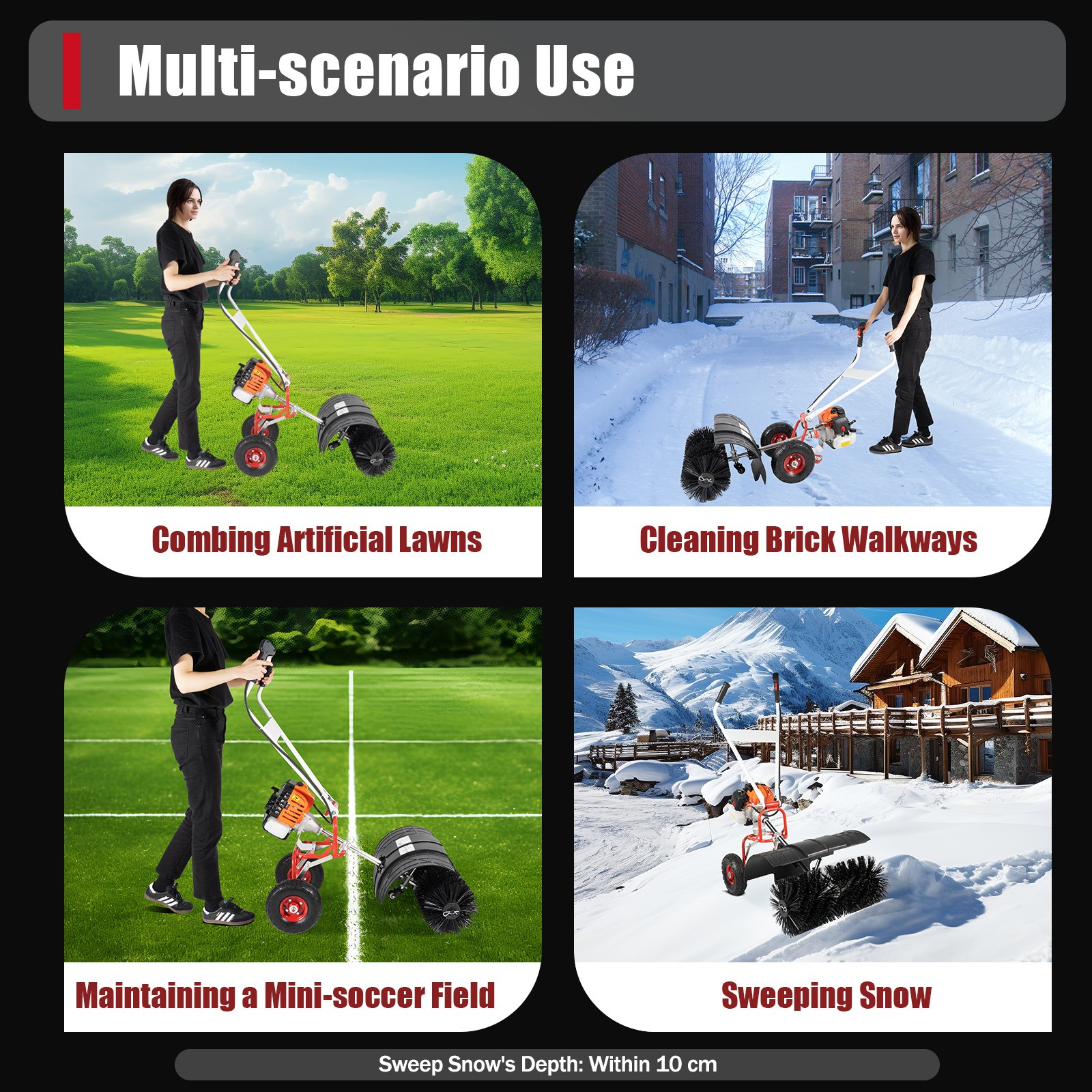 Walk Behind 52cc Power Broom Snow Driveway Sweeper Cleaner Artificial Grass USA~