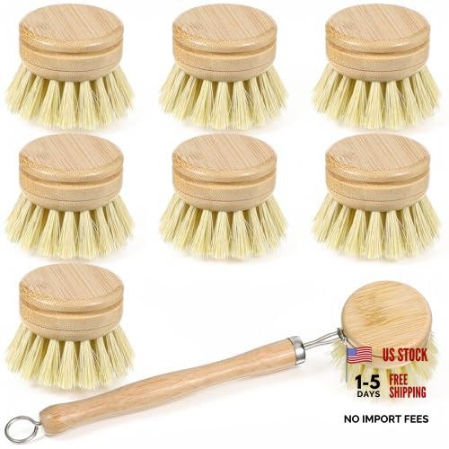 8 Pcs Bamboo Dish Brush with Handle, Natural Sisal Bristle Scrubber Includes 7