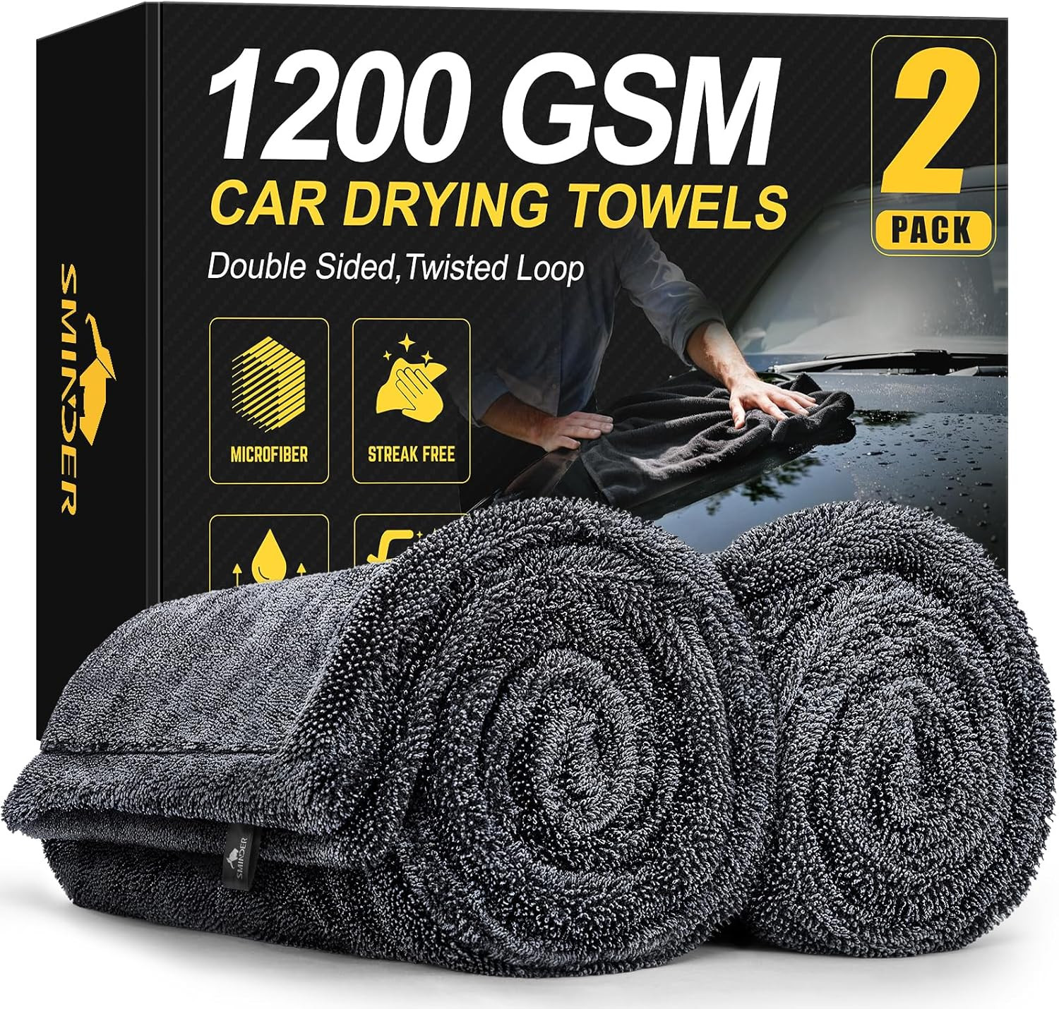 2-Pack 1200 GSM Car Drying Towels – Microfiber Towels for Cars (36″ x 24″), Ultr