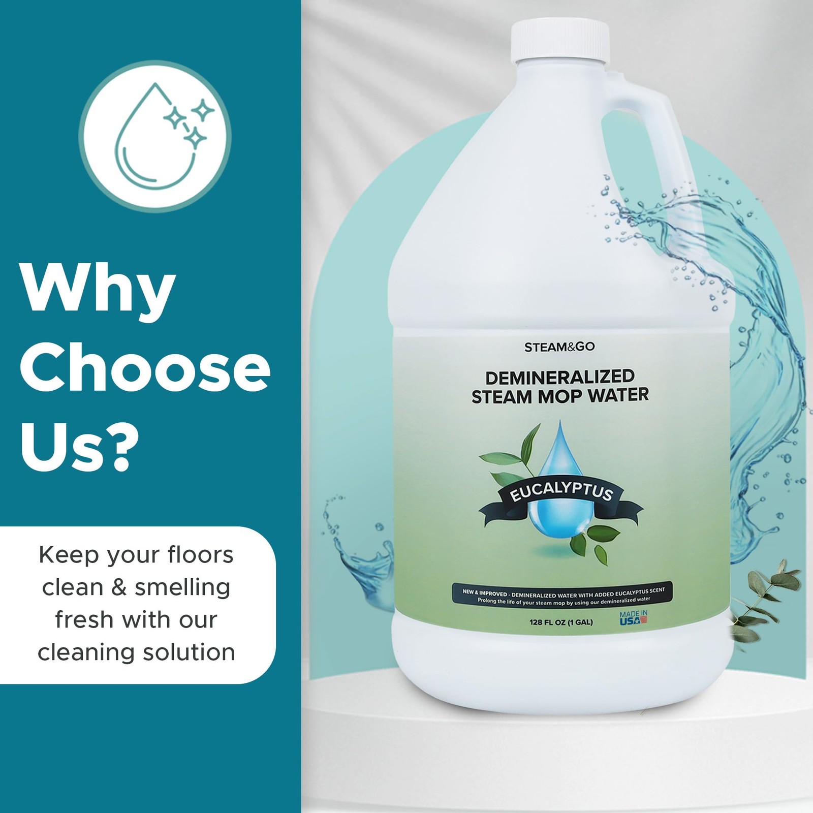 Steam & Go Demineralized Water for Steam Mop – Eucalyptus Mint Scent, 128 oz …