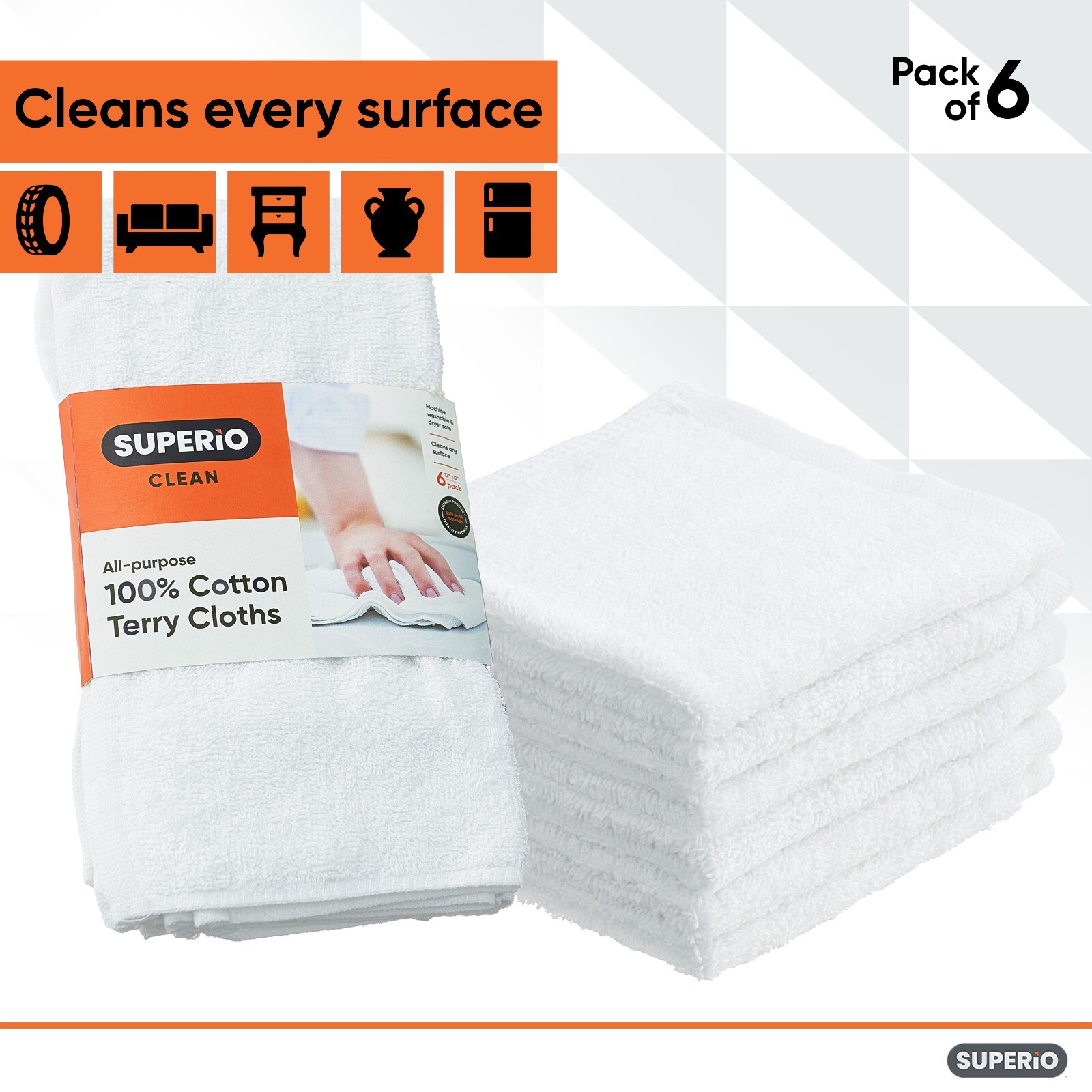 Superio Terry Cloths 100% Cotton 12″ White, 6 Pack Cleaning Rags Washcloths