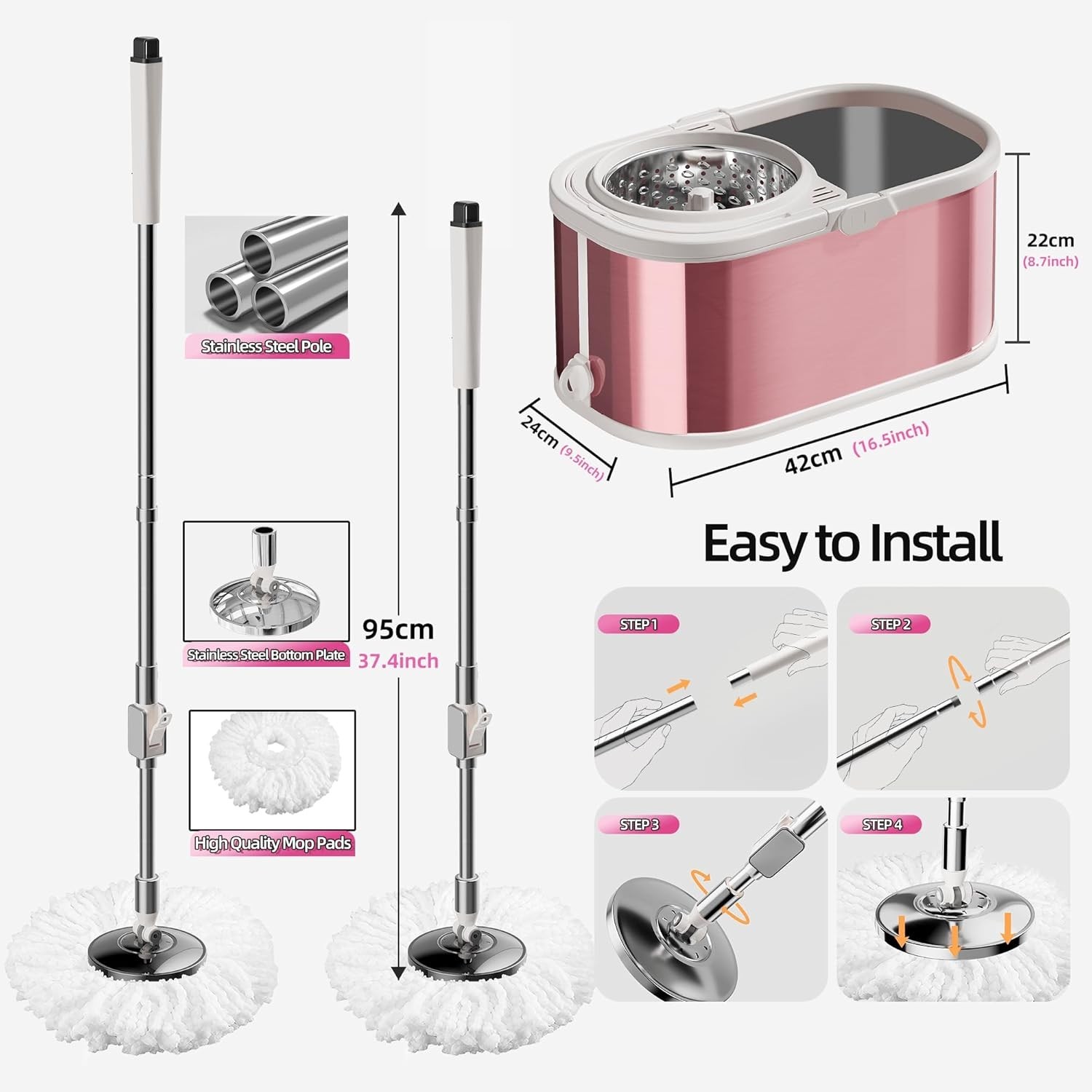 360 Spin Mop Bucket Set Stainless Steel Wringer 2/4/6 Heads Refill