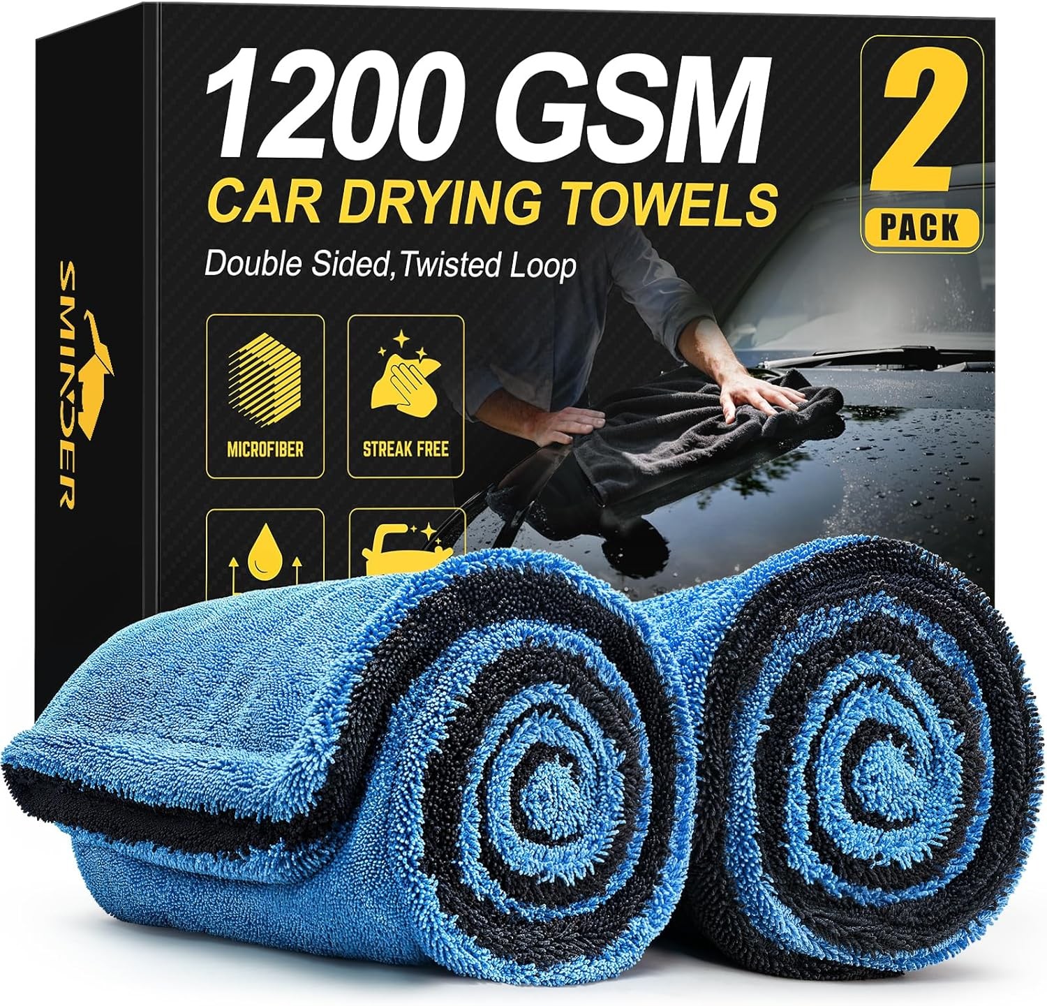 2-Pack 1200 GSM Car Drying Towels – Microfiber Towels for Cars (36″ x 24″), Ultr